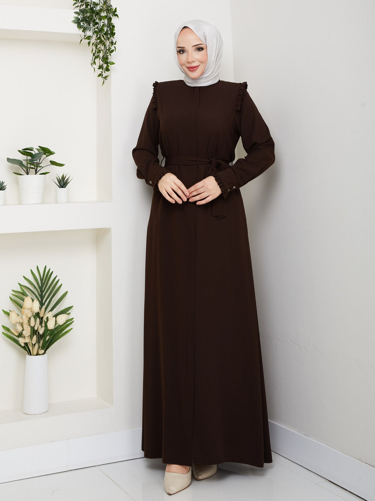 Acı Kahve omuz fırfırlı ferace 145 cm boy
