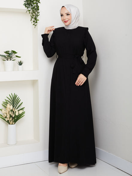 Siyah omuz fırfırlı ferace 145 cm boy