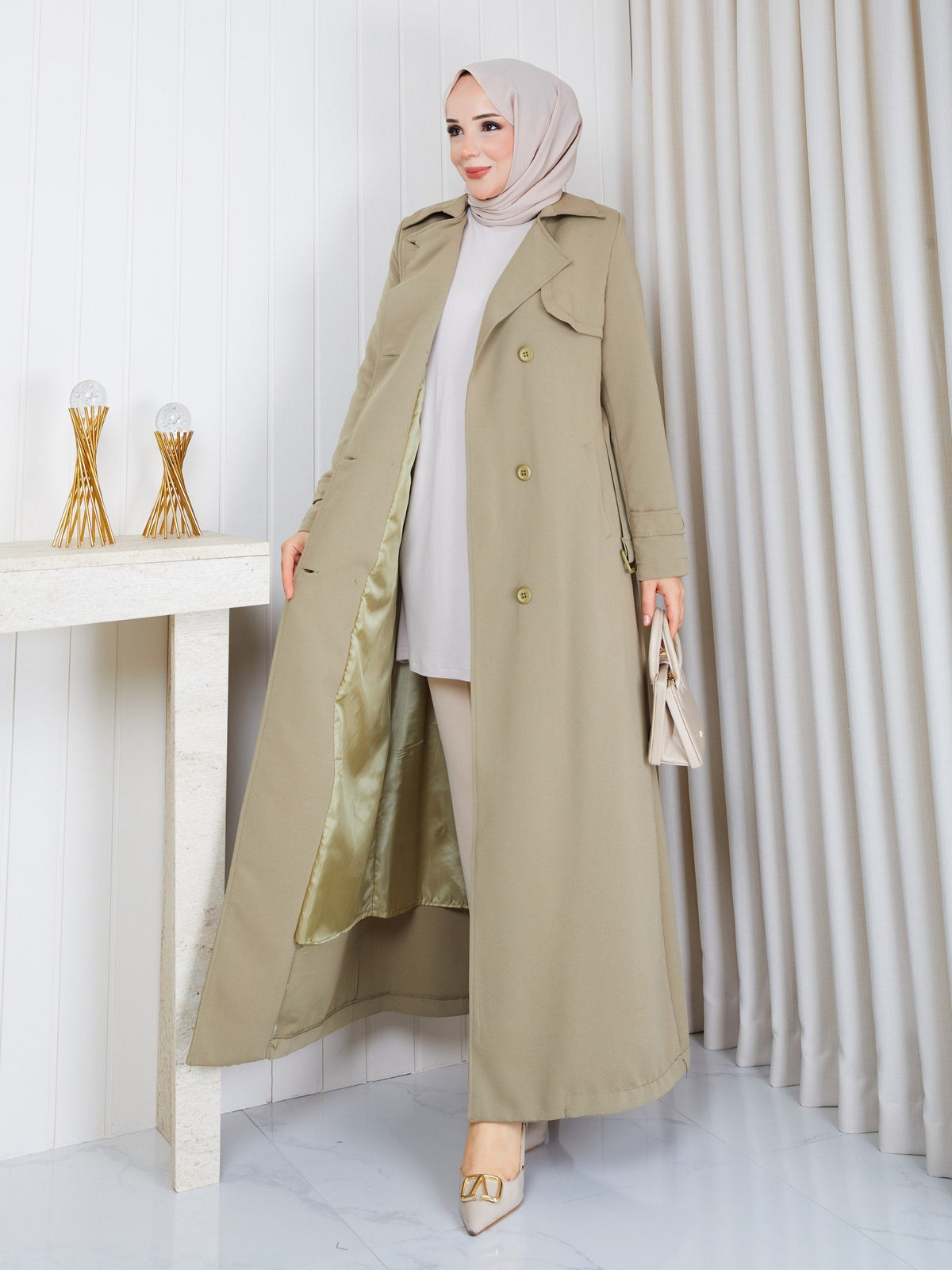 Çağla Yeşili kadın trençkot 138 cm boy