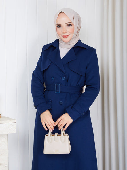 Lacivert kadın trençkot 138 cm boy