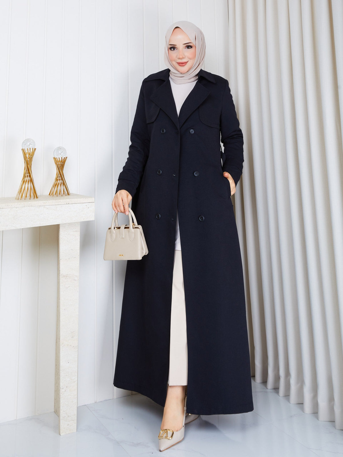 Siyah kadın trençkot 138 cm boy